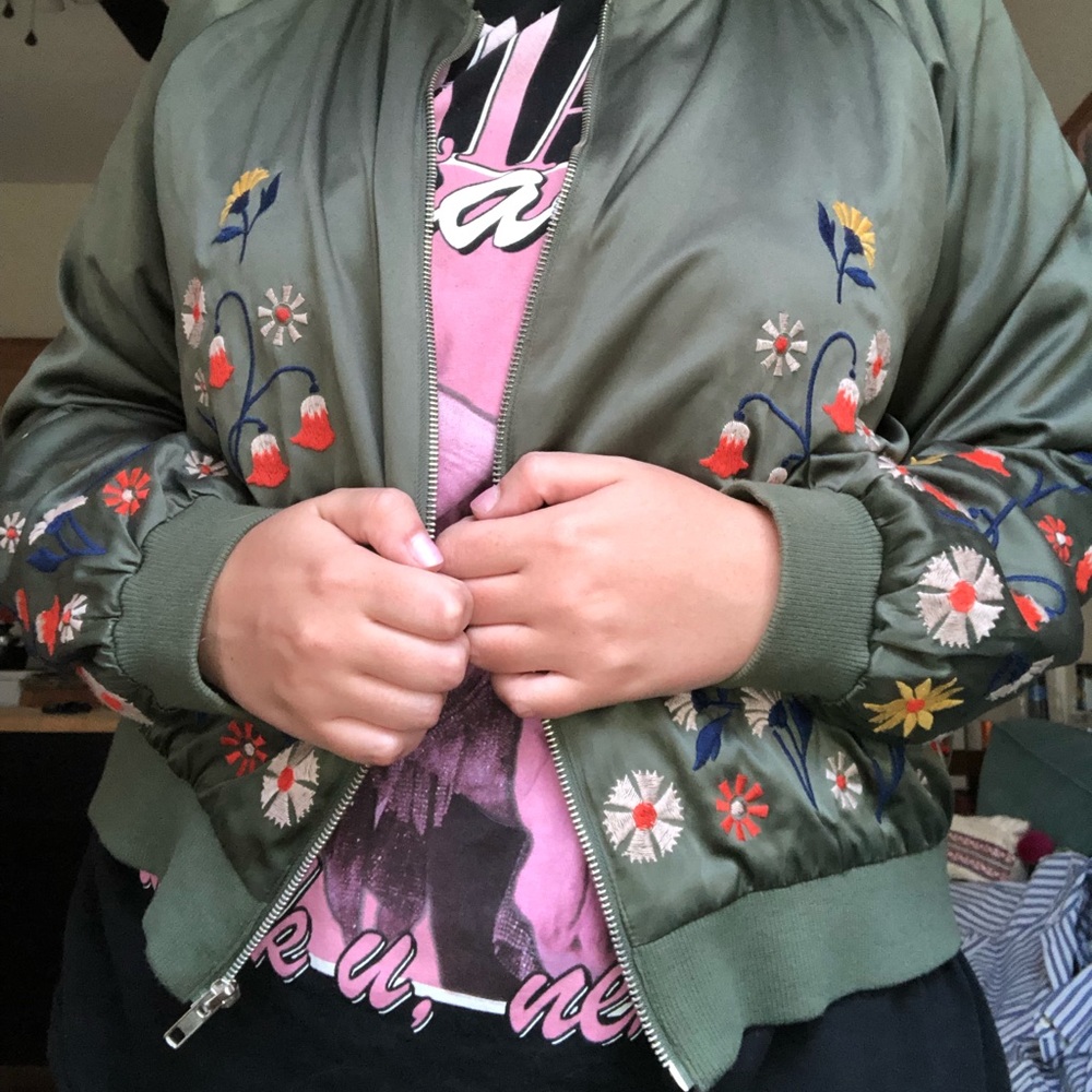 Hunter green embroidered bomber jacket